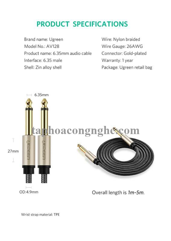 Ugreen 40812 3M màu Đen Cáp âm thanh 2 đầu 6.5mm dương cao cấp AV128 30040812